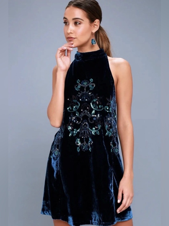 Free People Dresses & Skirts - Free People Navy Velvet Bohemian Embroidered Sequin Mini Party Dress Size XS